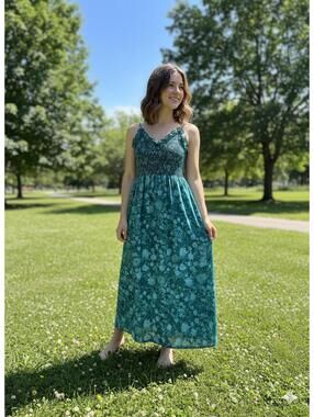 Teal & Turquoise Floral Smocked Boho Maxi Dress - S/M